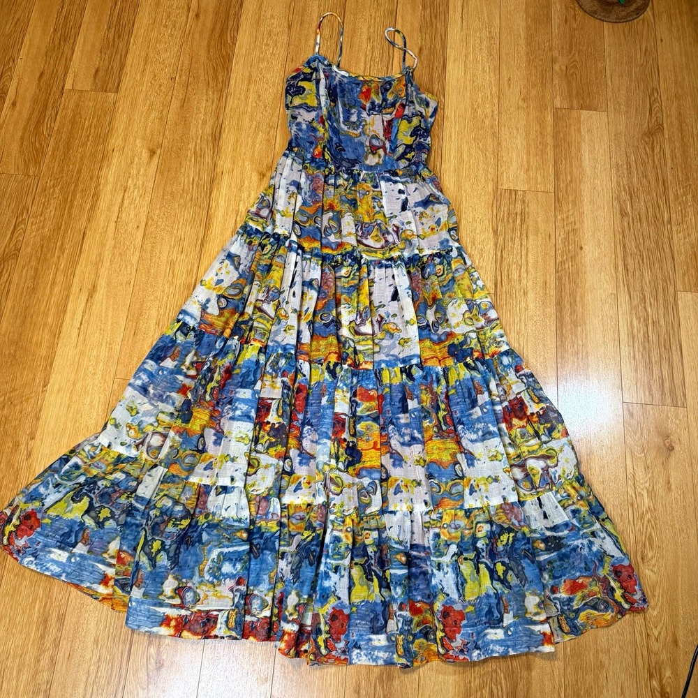 SABA California VTG 70s Multicolor Abstract Prairie Tiered Lined Maxi Dress S
